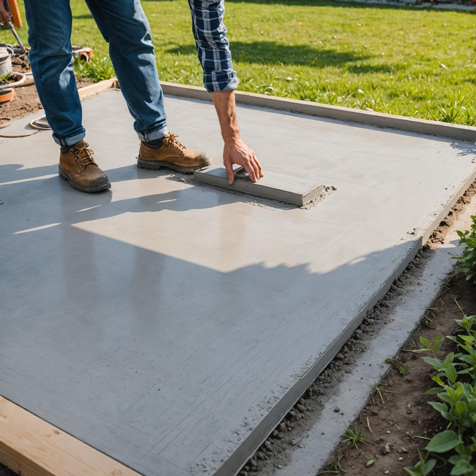 DIY concrete slab being smoothed in a backyard