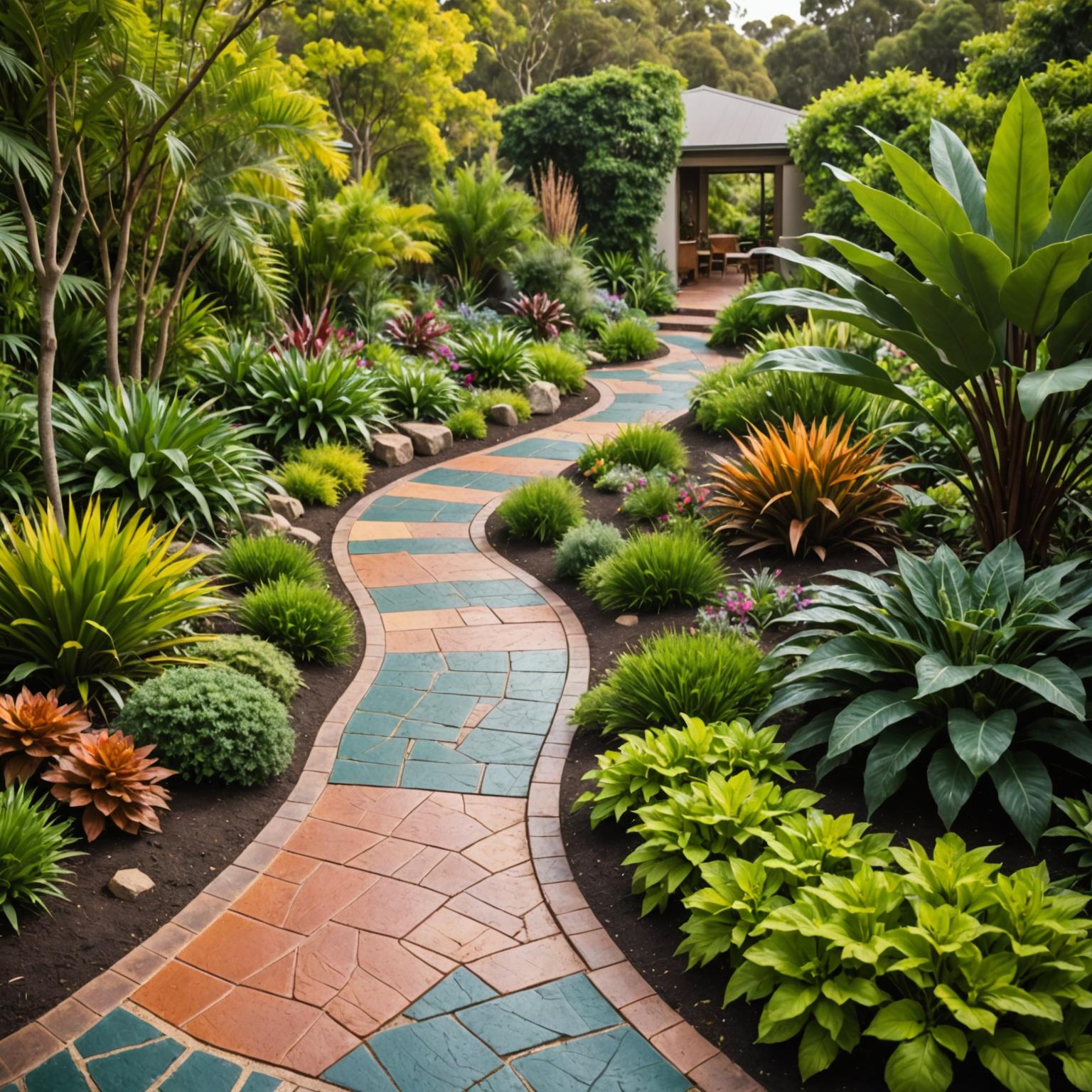 Decorative concrete pathway winding through a garden